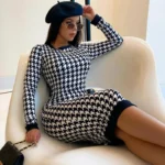 Houndstooth Print Women Long Sleeve Midi Dress Hollow Out Bodycon