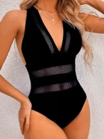 2023 New Sexy Mesh Patchwork Swimwear Women One Piece Swimsuit Female Deep V-neck - Image 3