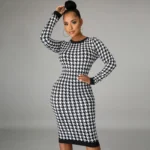 Houndstooth Print Women Long Sleeve Midi Dress Hollow Out Bodycon - Image 2