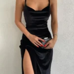 Hugcitar Velvet Swing Collar Sleeveless Slip Sexy Slit Maxi Dress
