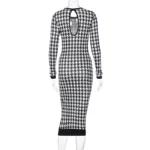 Houndstooth Print Women Long Sleeve Midi Dress Hollow Out Bodycon - Image 6
