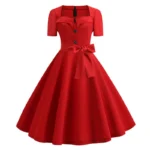 Women Square Collar Elegant Vintage Summer Dress Short Sleeve Midi Dress Robe