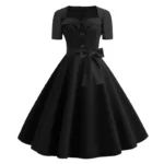 Women Square Collar Elegant Vintage Summer Dress Short Sleeve Midi Dress Robe - Image 3