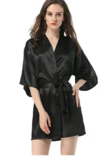New Black Chinese Women's Faux Silk Robe Bath Gown Hot Sale Kimono Yukata Bathrobe