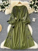 Bohemian Retro Ethnic Style Dress Women's New Spring Autumn Embroidered Lace Up