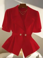 Women's Red Short Sleeve Blazer Office Work Business Casual Jacket