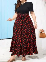Plus size summer round neck dress with puff sleeves, short sleeves, ruffled hem, slim waist - Image 4