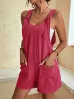 Women Summer Casual Short Rompers Elegant Solid Sleeveless Tie Knot Strap Jumpsuits - Image 3