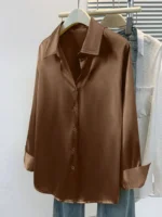Women's Satin Button-Up Blouse, Elegant Collared Shirt for Office or Casual Wear - Image 5