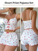 Sexy Heart Print Pajama Set for Women Sleepwear Silk Stain V-Neck - Image 5