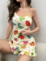 Dinosaur Print Cami Top And Ruffle Hem Shorts Pajama Set For Women - Image 4