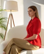 Women's Red Short Sleeve Blazer Office Work Business Casual Jacket - Image 4