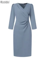 ZANZEA Women’s Sexy V-Neck Bodycon Party Dress, Ruched Waist Knee Length Dress 3/4 Sleeve - Image 5