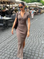 Kliou Elegant Office Lady Maxi Dress Women Solid Fashion Turn-down Collar Short Sleeve - Image 2