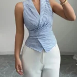 Women's Elegant Sleeveless V-Neck Blouse with Bow Belt Detail - Light Blue & White Striped Top