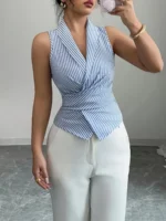 Women's Elegant Sleeveless V-Neck Blouse with Bow Belt Detail - Light Blue & White Striped Top