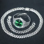 3pcs Men's Silver Watch Set Hip-hop Punk Inlay Diamond Watch+Cuban Chain+Bracelet - Image 3