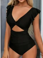 Contrast Mesh One Piece Swimsuit, V Neck Solid Color Backless Tummy Control High Cut Bathing Suit