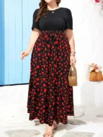 Plus size summer round neck dress with puff sleeves, short sleeves, ruffled hem, slim waist - Image 3
