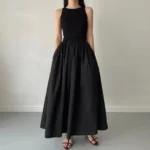 New Summer Simple Elegant Black Long Dresses For Women Round Neck Sleeveless