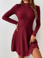 Women's slim fit half high collar waist cinched A-line skirt long sleeved pit stripe dress - Image 5