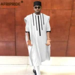 African Clothing for Men Dashiki Agbada Shirts Pants and Tribal Hat 3 Piece Set - Image 3