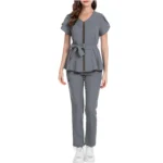 Women's Nurse Scrub Set V-Neck Short Sleeve Zipper Belted Multi-Color Long Pants - Image 5