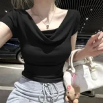 Summer Thread Solid Color Beach Fashion Versatile Women's Short Sleeved T-shirt - Image 3