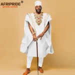 African Men`s Clothing Embroidery Agbada Shirts Pants and Hats 4 Piece Set