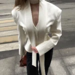 Tuularose Stripe Tailored Coat For Women Lace Up V Neck Long Sleeves Coat - Image 4