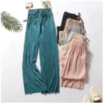 Women Fashion Summer Wide Leg Pants Pleated Ice Silk Trousers
