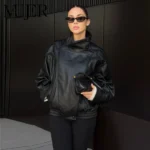MUJER Black Faux Leather Jackets for Women Outerwears Office Women's Bomber Jacket