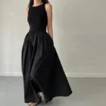 New Summer Simple Elegant Black Long Dresses For Women Round Neck Sleeveless - Image 2