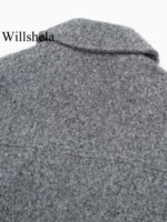 Willshela Women Fashion With Pockets Grey Front Zipper Jackets Vintage Lapel Neck Long Sleeves - Image 6