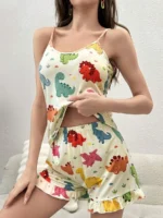Dinosaur Print Cami Top And Ruffle Hem Shorts Pajama Set For Women - Image 2