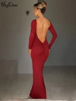 Hugcitar Spring Elegant Long Sleeve Backless Solid Cuched Sexy Bodycon Maxi Prom Dress - Image 5