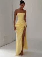Yellow Strapless Pleated Dress Women Elegant Sexy Sleeveless Waist Cinching Split Maxi Gowns - Image 2