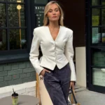 Tuularose Stripe Tailored Coat For Women Lace Up V Neck Long Sleeves Coat - Image 2