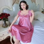 Ladies Ice Silk Nightgowns Sleeping Dress Medium Length Short Sleeve Nightdress Sexy Sleepwear