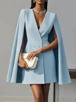 Women Fashion Commuter Solid Blazers Dress Office Double Breasted Waist Party Dress - Image 5
