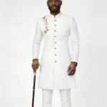 Men’s Solid White Gold Floral Embroidery Formal Wear Set Stand Collar 2 Piece