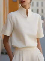 Split Neck Short Sleeve Blouse Women Elegant Stand Collar Half Sleeve Top Office Lady