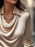 Spring and Autumn Plus-Size Long-Sleeved Satin Shirt, Round Neck with Pleated Draped Collar - Image 2
