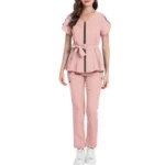 Women's Nurse Scrub Set V-Neck Short Sleeve Zipper Belted Multi-Color Long Pants - Image 4