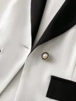 Women's White Black Contrast Blazer Short Sleeve Peak Lapel One Button Fitted Waist Office Blazer - Image 4