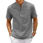 Cotton Linen Shirt Men Henley Neck Pocket Casual Beach Short Sleeve - Image 3