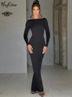 Hugcitar Spring Elegant Long Sleeve Backless Solid Cuched Sexy Bodycon Maxi Prom Dress - Image 2