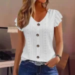 2025 Spring/Summer new women's fashion ruffle sleeve V-neck T-shirt - Image 5