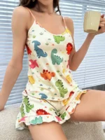 Dinosaur Print Cami Top And Ruffle Hem Shorts Pajama Set For Women - Image 5