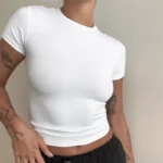 Woman Clothing Short Sleeve T-shirt Slim Fit Tops Female O-Neck Knitted Sheath